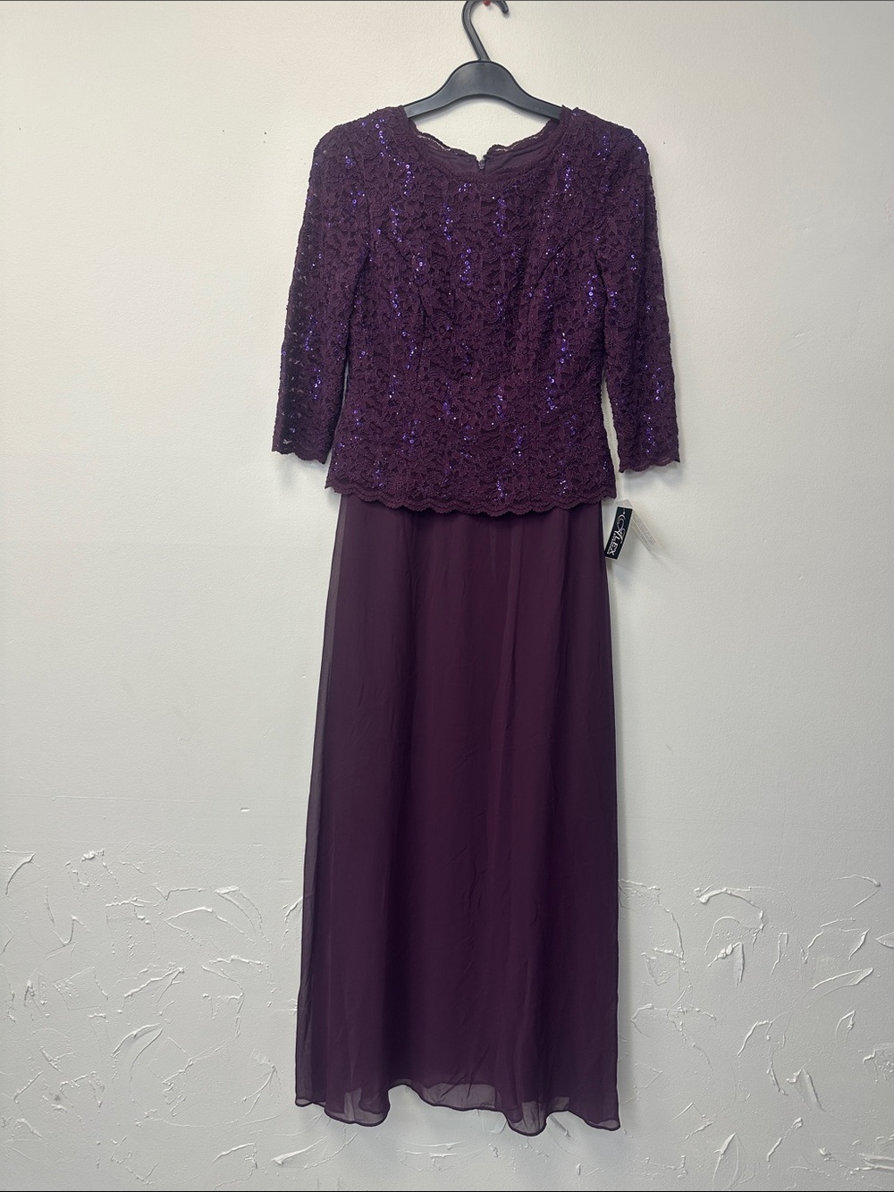 Alex Evenings Plum Long Sleeve Lace & Sequin Evening Gown